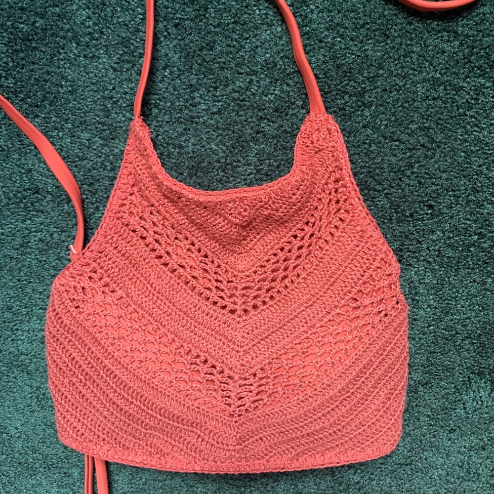 coral knit crotchet halter bikini Top